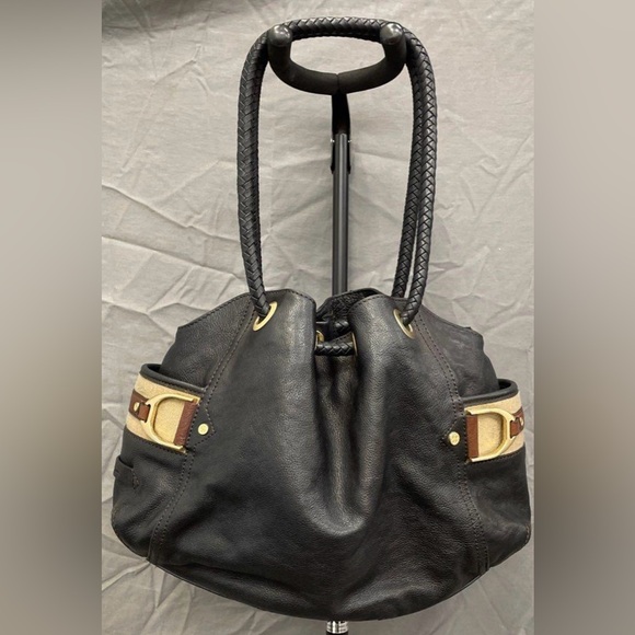 Cole Haan Hobo Bag Leather Braided Grommets Genevieve Denny Black Tan w/wallet - Picture 2 of 9